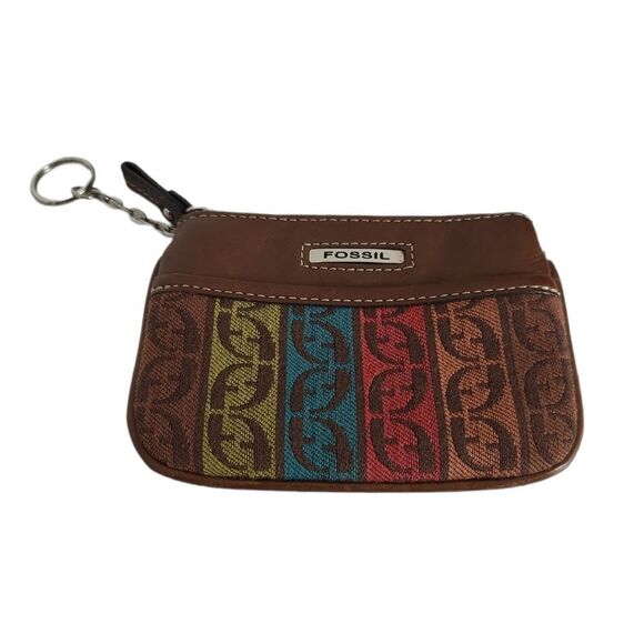 Fossil Brown Signature Leather & Canvas Mini Pouch Key Ring Wallet - Picture 1 of 6